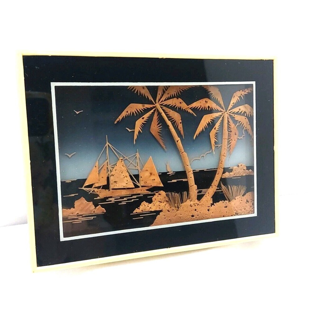 VTG Cork Carved Ocean Scene Diorama Wall Shadow Box Sailboat Palm